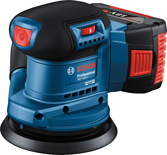 Bosch Professioneller Exzenterschleifer GEX 185-LI – 18 V (AMPShare) – Klettverschluss – Solo – Staubsack