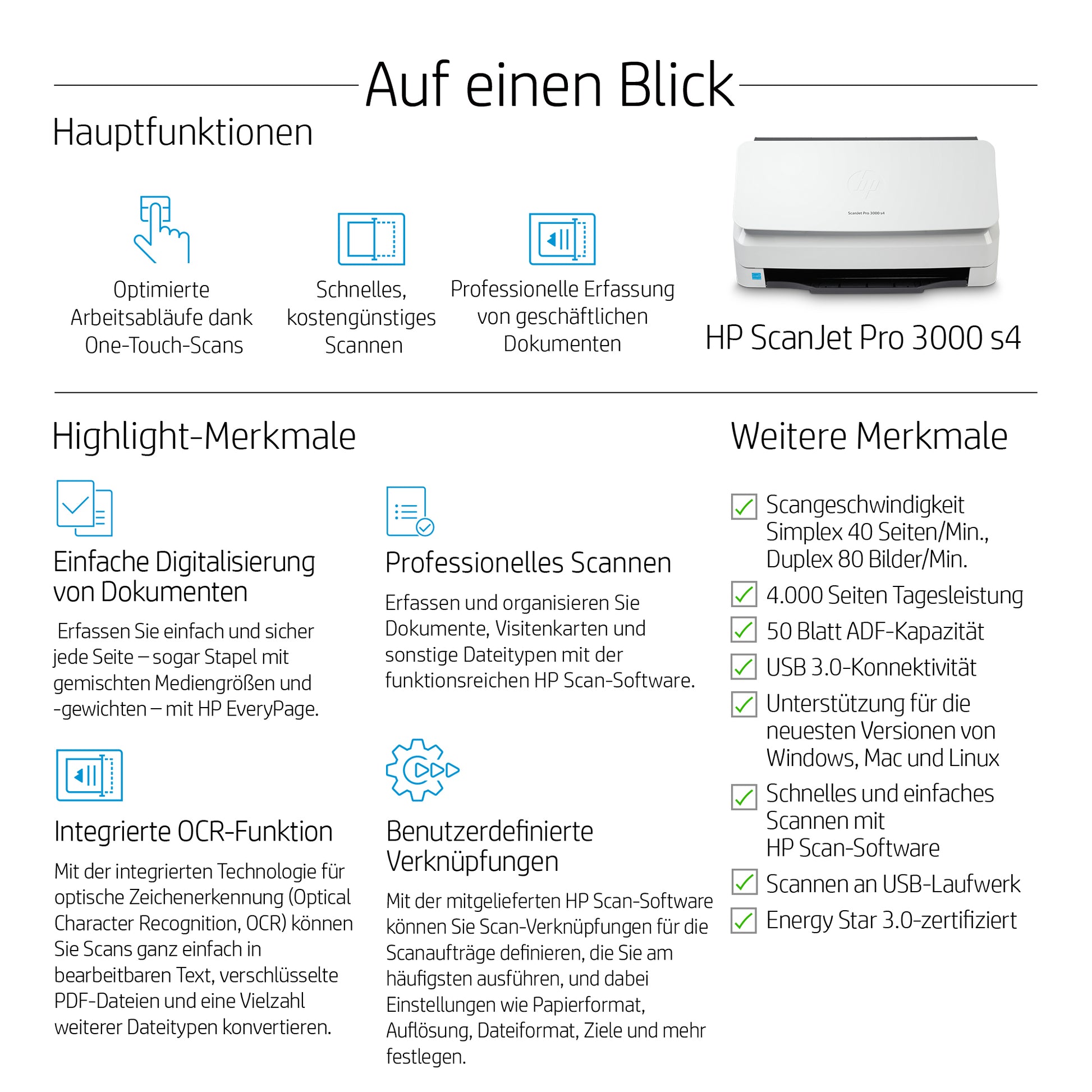 HP ScanJet Pro 3000 s4 – Dokumentenscanner, A4, Duplex, 40 ppm, 600 dpi, ADF 50 Blatt, USB