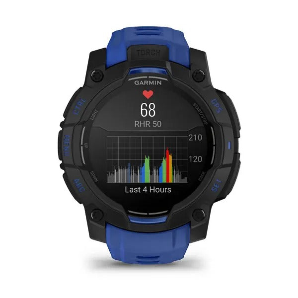 Garmin Instinct 3 45 mm GPS – Aluminium Schwarz, Sportarmband, Schwarz/Bolt Blau, 100 m, für iPhone