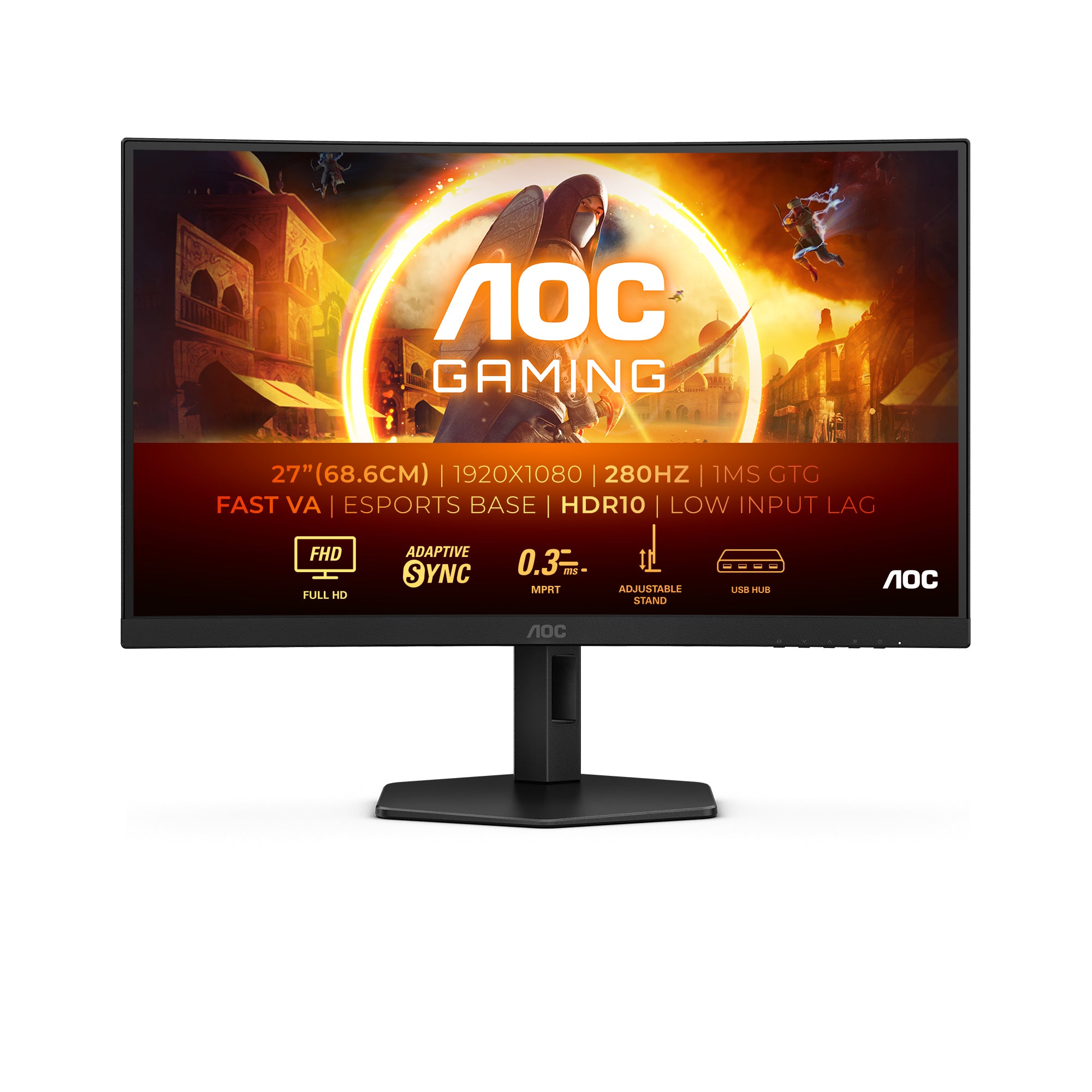 AOC C27G4ZXU – Monitor, 27" 1920 × 1080 (Full HD), VA, 280 Hz, 300 cd/m², Gebogen, VESA 100 × 100, Schwarz