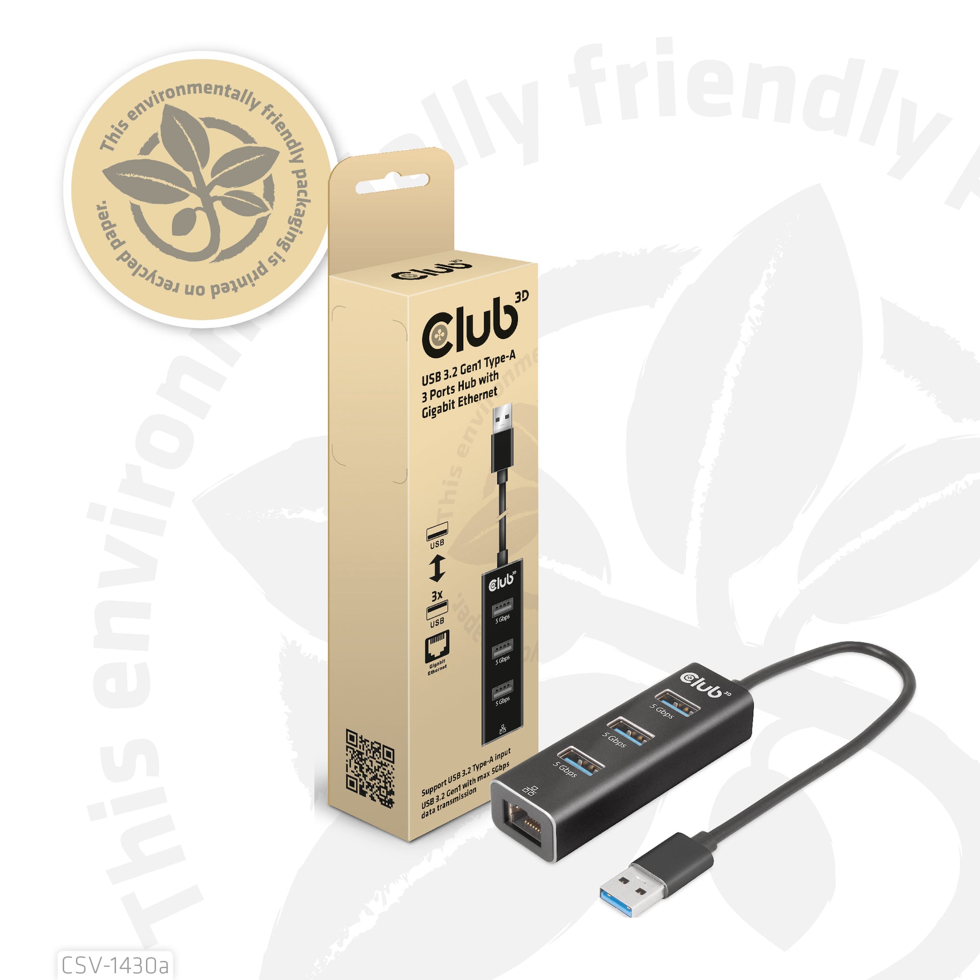 CLUB3D Club 3D CSV-1430a USB-Hub – USB 3.2 Gen 1, 3× USB-A, GbE