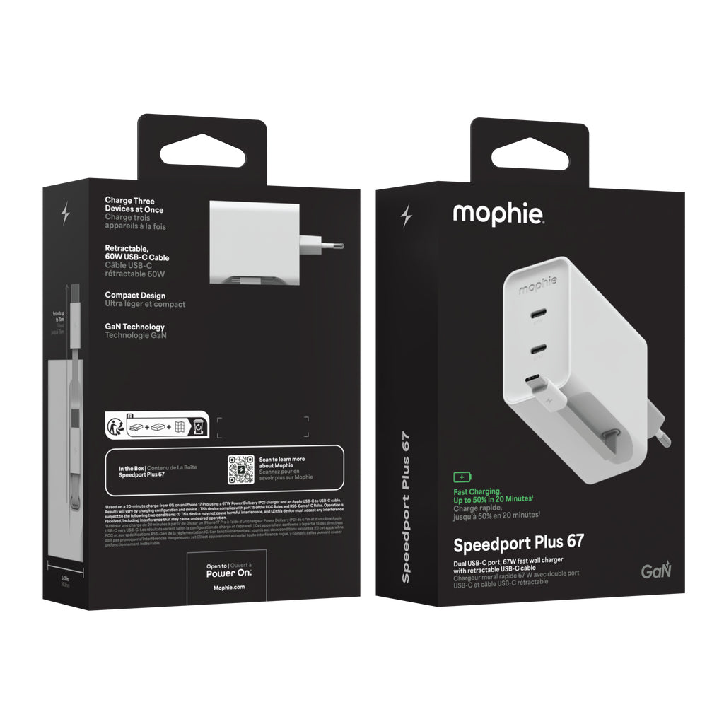 mophie Speedport 67 USB-Ladegerät 67 W – USB-C×2 – PD, GaN, EU-Stecker (Typ C) – Weiss