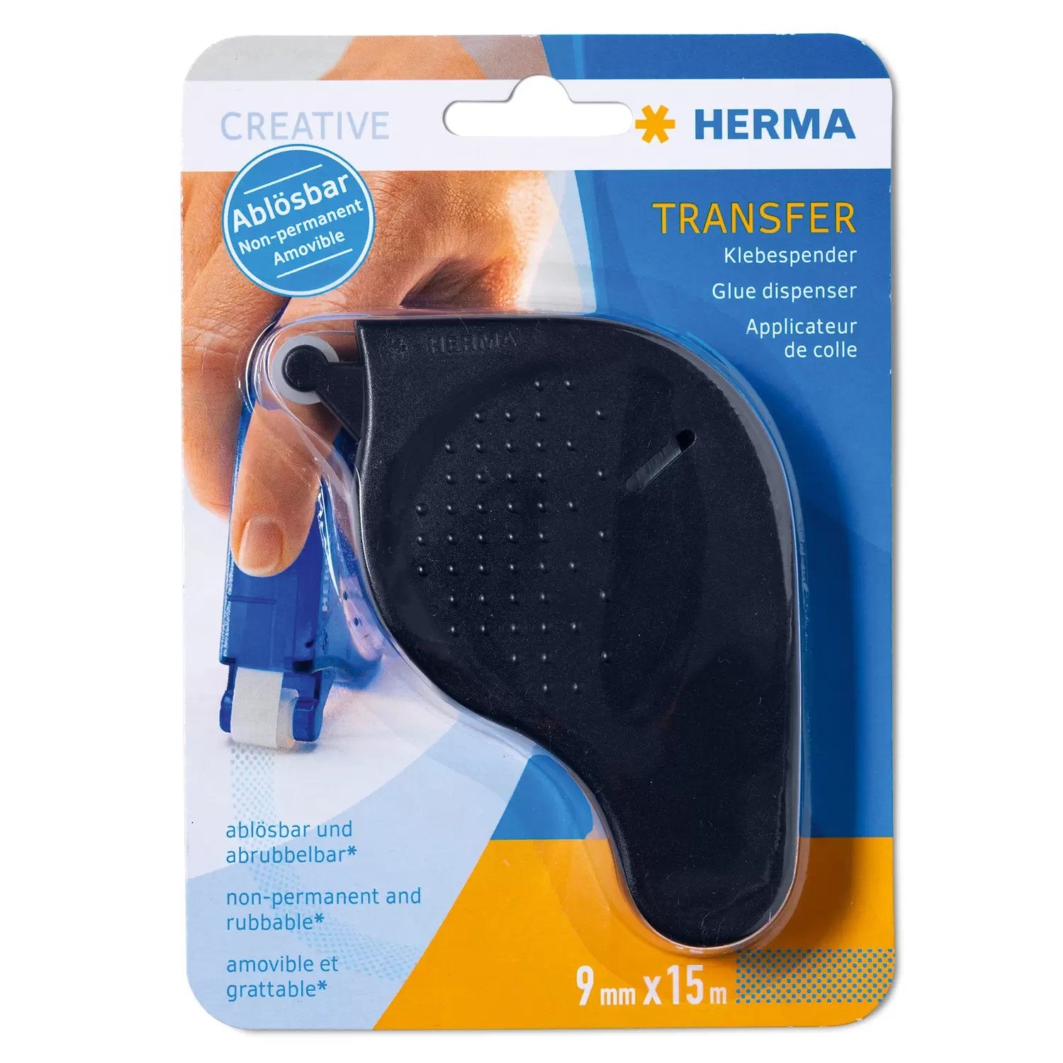 HERMA Klebespender – wiederverwendbar, transparent, lösungsmittelfrei, nachfüllbar, 9 mm × 15 m, zum Basteln