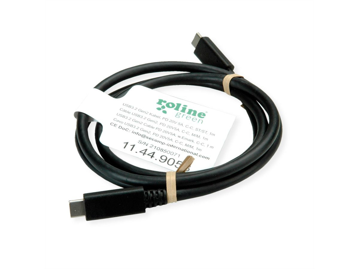 ROLINE GREEN USB-C auf USB-C Kabel – USB 3.2 Gen 2 (10 Gbit/s) – 0,5 m – PD 100 W – E-Marker – Schwarz