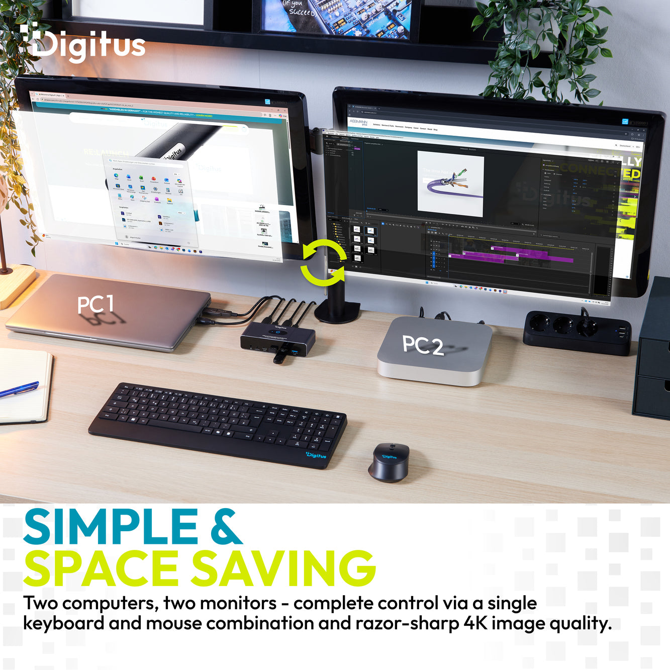 Digitus 2-Port HDMI Dual-View KVM-Switch – 4K/60 Hz, USB 3.0 Hub, USB-C