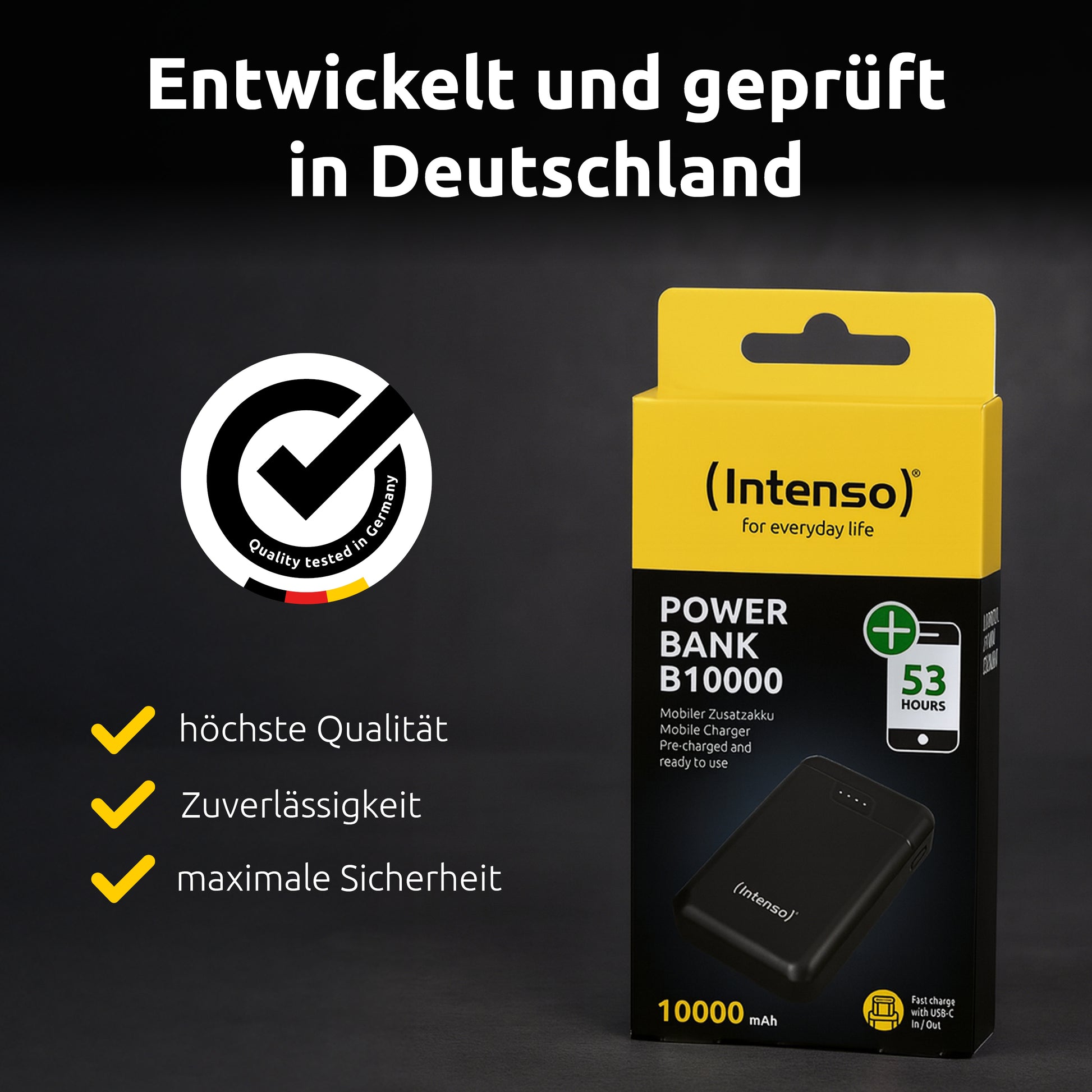 Intenso B10000 Powerbank 10'000 mAh – 1× USB-C, 2× USB-A, schwarz