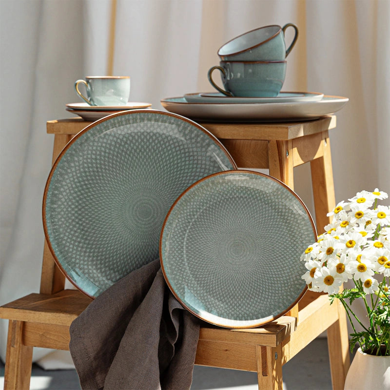 Lunasol Tellerset – 12-teiliges Set, Ø 25/23/21 cm, Steingut, Hellblau, spülmaschinenfest, mikrowellengeeignet