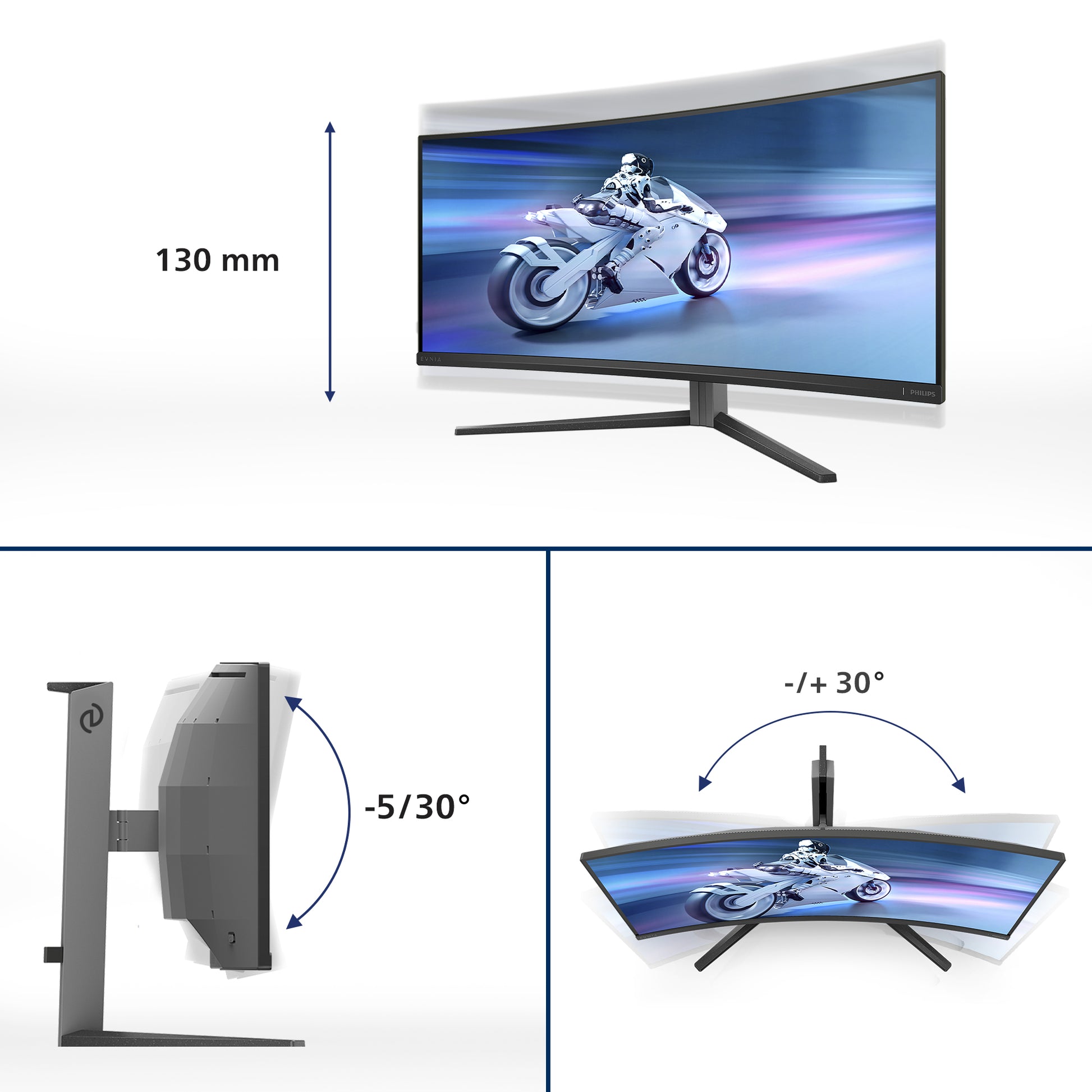 Philips Evnia 34M2C6500/00 – Monitor, 34", 450 cd/m², Gebogen, FreeSync Premium Pro, VESA 100 × 100, Weiss