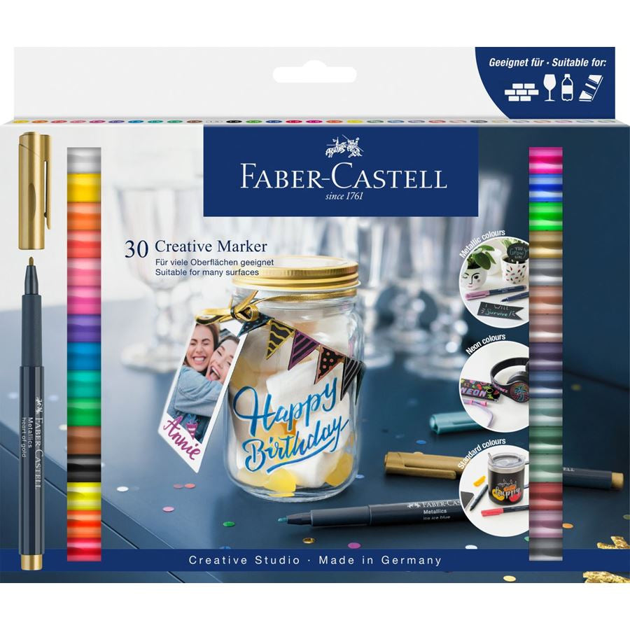 Faber-Castell Non-Permanent Marker Creative – Rundspitze 1,5 mm – Sortiert – 30er-Set – Trocken abwischbar
