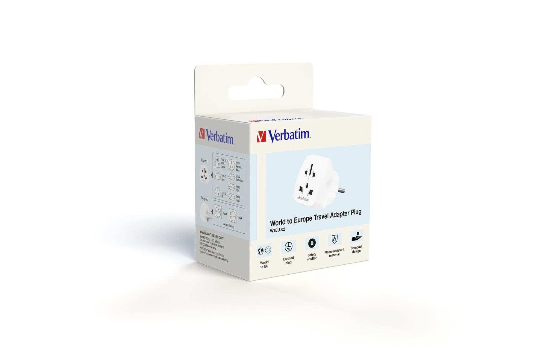 Verbatim Reiseadapter – von Typ A/B/C/G/I/J/L/N zu Typ F/E – 100–250 V, 2500 W – weiss – 1 Stk.