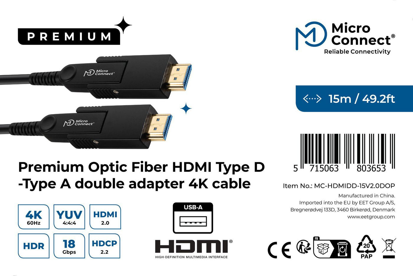 Microconnect HDMI Kabel HDMI 2.0 – 4K 60 Hz – 15 m – AOC, HDR