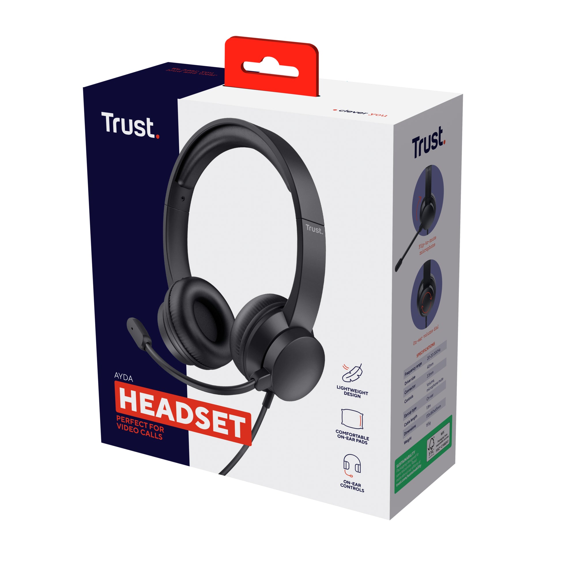 Trust Ayda Office-Headset – On-Ear, Stereo, Kabelgebunden, 3,5 mm Klinke, Schwarz