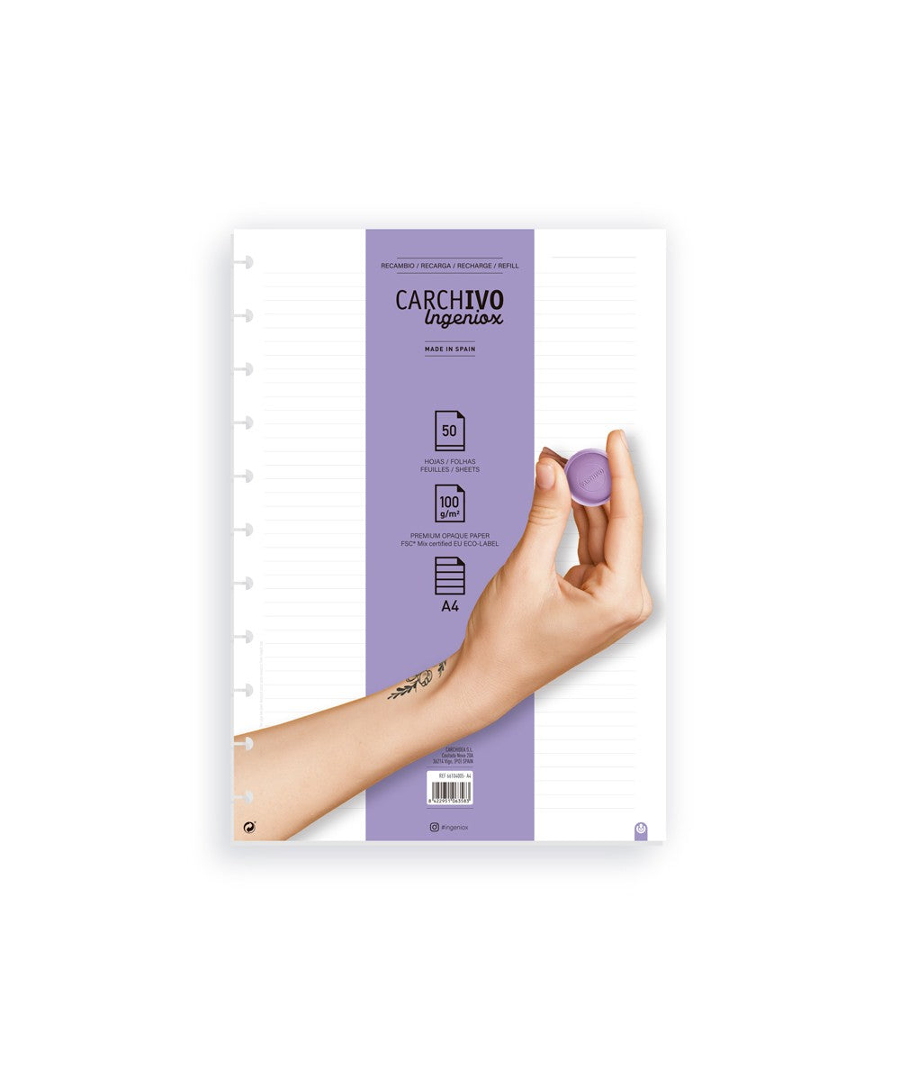 Carchivo Notizbuch-Einlagen A4, liniert, spezielle Perforierung, 100 g/m², für Spiralbuch Ingeniox – 50 Blatt