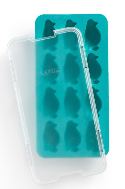 Lékué Eiswürfelform Pinguin – 23 × 11,8 × 3,2 cm, Kunststoff (SBS), Türkis, 12 Stk., mit Deckel