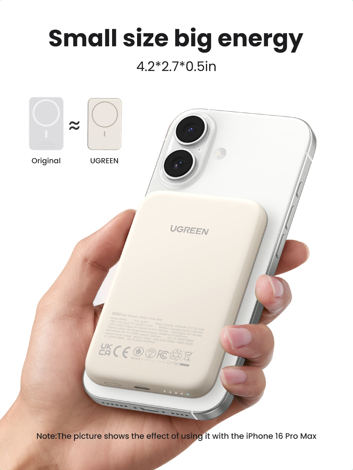 Ugreen Magnetische Powerbank 5'000 mAh – Kabellos 7,5 W, 1× USB-C, schwarz, für iPhone 12–15