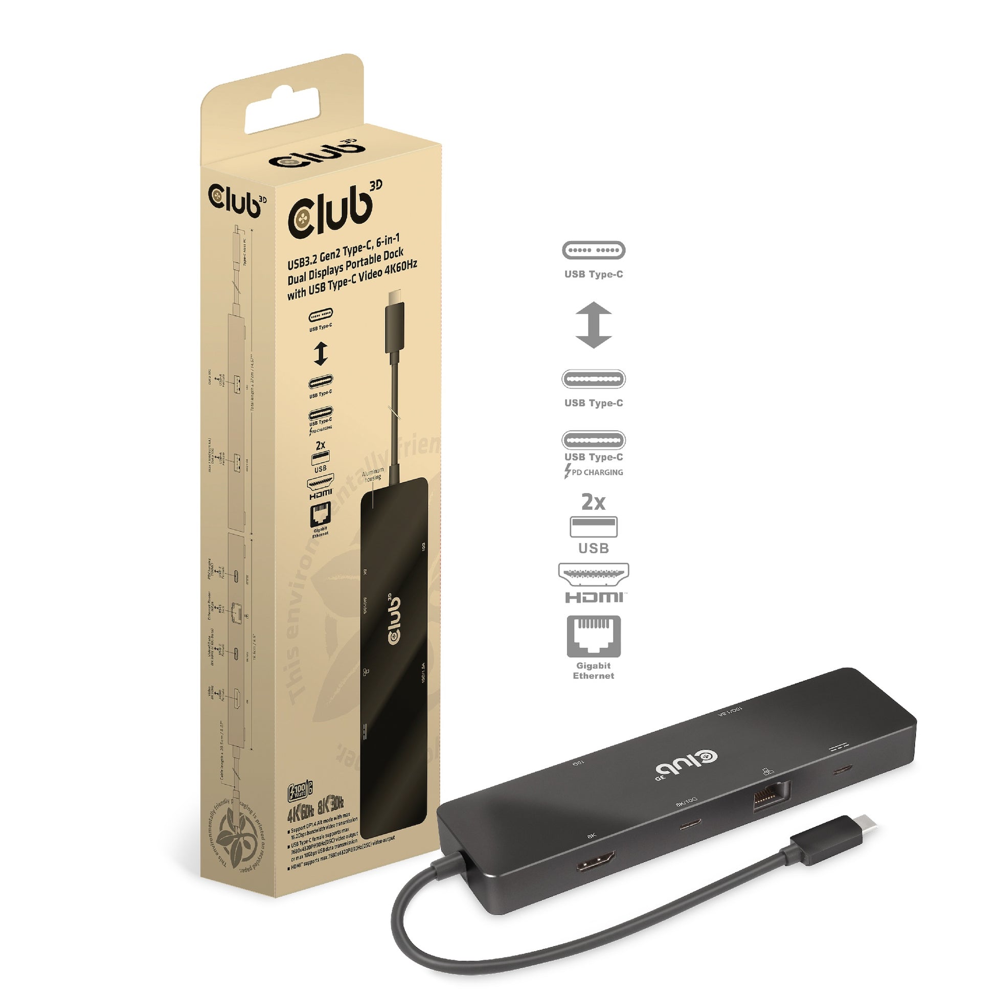 CLUB3D Club 3D Dockingstation – USB-C, 1× DP, 1× HDMI, 2× USB-A, 100 W PD, GbE, für Universal