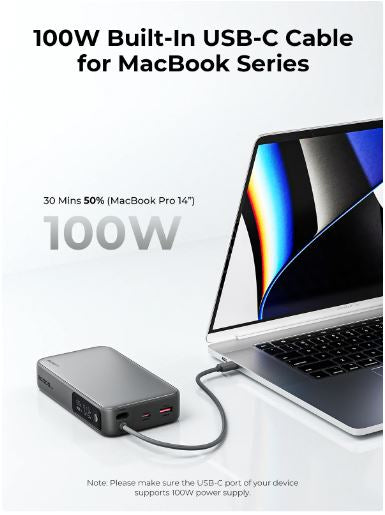AUKEY Powerbank 20000 mAh, PD 100 W, mit integriertem USB-C-Kabel, für Smartphones, Weiss/Grau