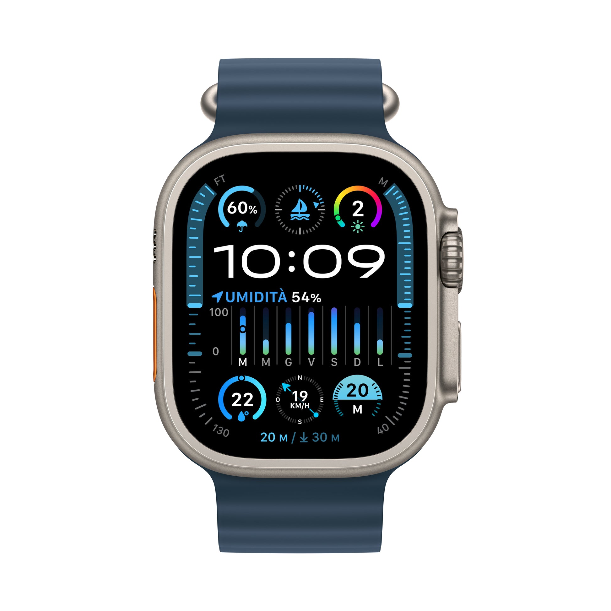 Apple Watch Ultra 2 – Smartwatch – 49 mm, LTE, OLED, Saphirglas, 100 m, Titan, Blue Ocean-Armband