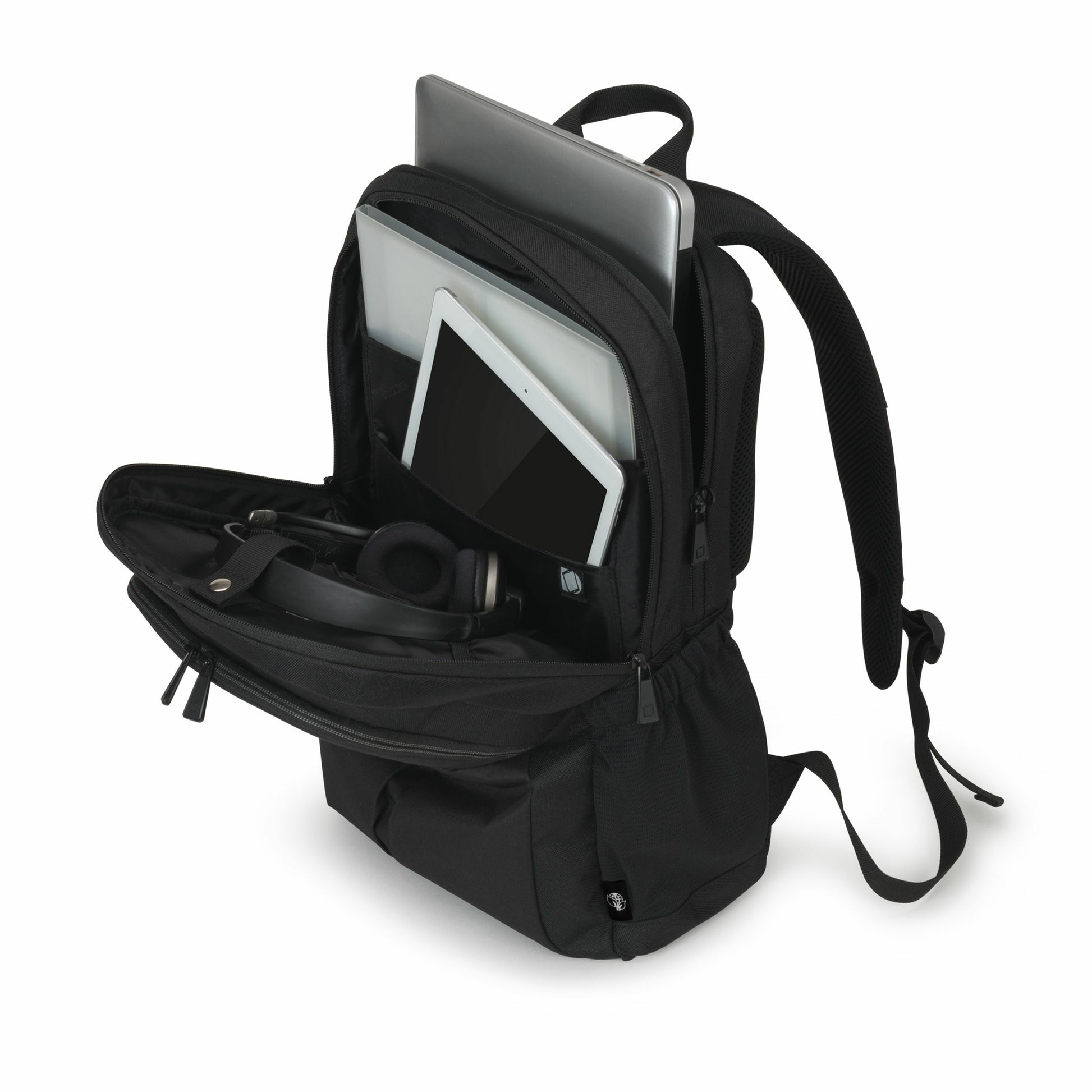 DICOTA Eco SCALE Notebook-Rucksack bis 17,3" – 100% recycelter PET, Trolley-Haltegurt – Schwarz