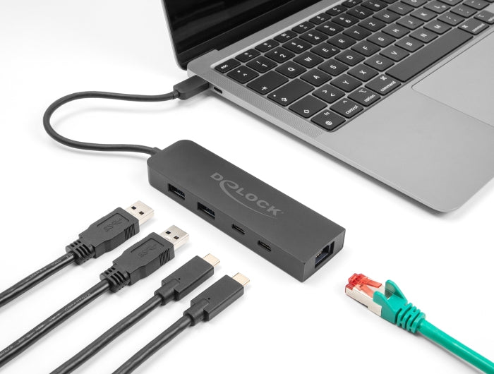 DeLOCK USB-Hub – USB-C, 2× USB-A, 85 W PD, 2,5GbE, für Windows/Mac/Linux