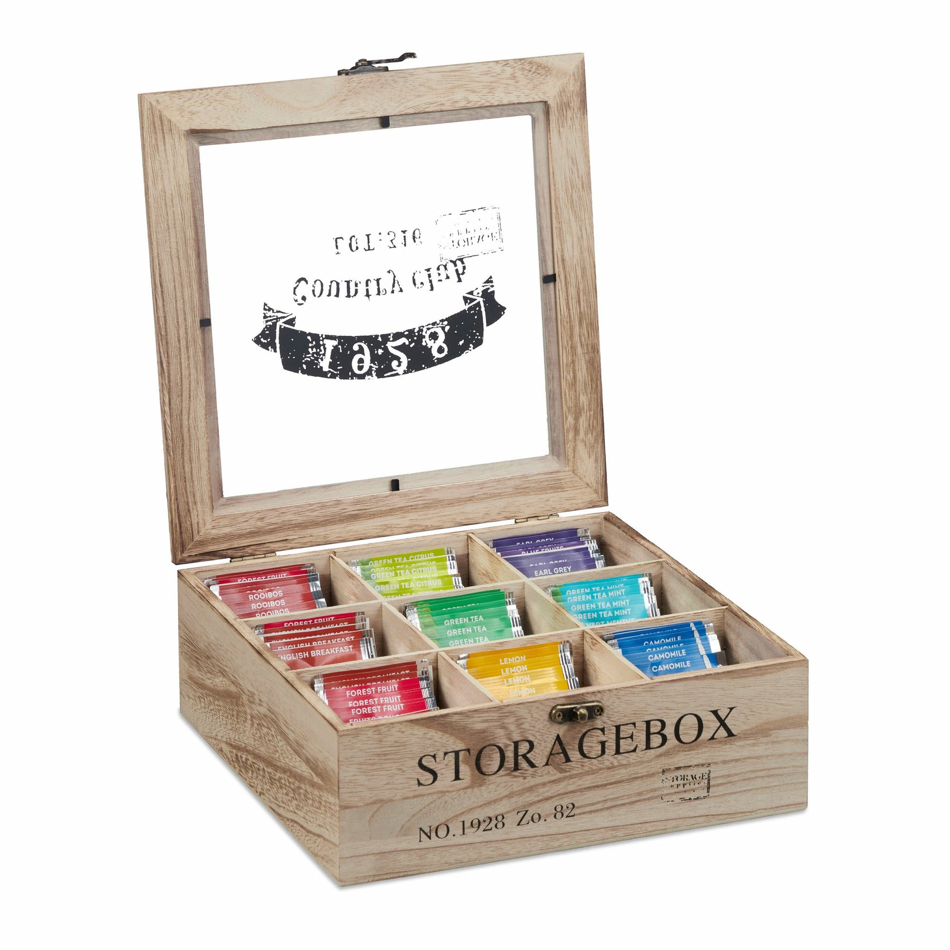 Relaxdays Teebeutelbox Holz, 9 Fächer, 24 × 25 × 9 cm