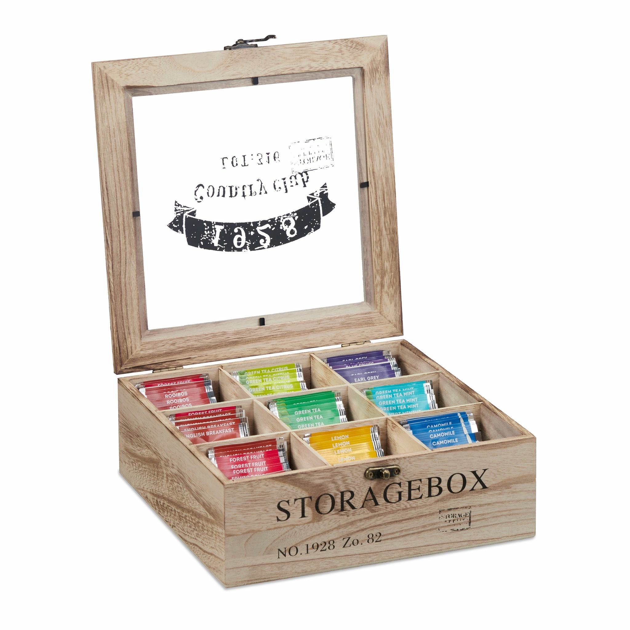 Relaxdays Teebeutelbox Holz, 9 Fächer, 24 × 25 × 9 cm