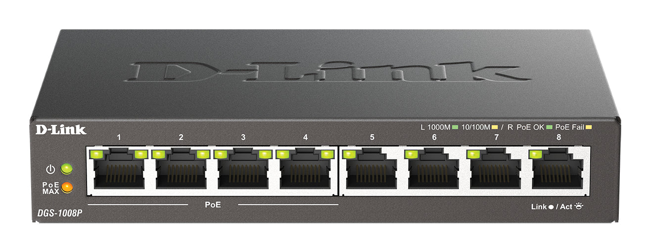 D-Link DGS-1008P – Unmanaged L2 Switch – 8× 1G, 4× PoE+, PoE Budget 60 W, Desktop