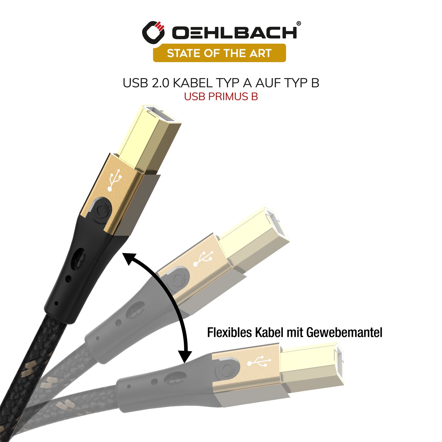 OEHLBACH USB-A auf USB-B Kabel – USB 2.0 (480 Mbit/s) – 2 m – Vergoldet, Metallverstärkt – Schwarz/Gold