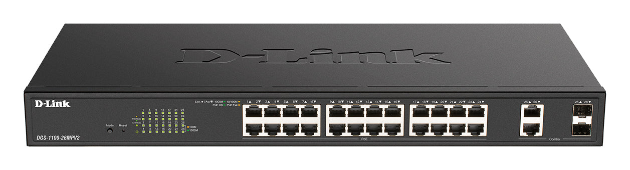 D-Link DGS-1100-26MPV2 – Smart L2 Switch – 24× 1G, 2× SFP, PoE+, PoE-Budget 370 W, 1U