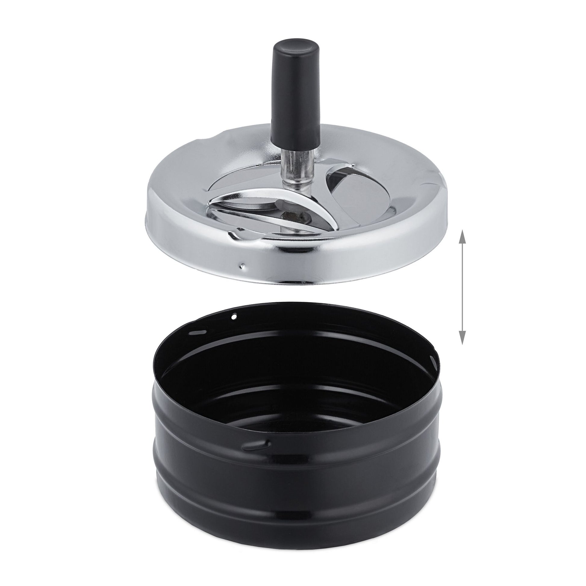 Relaxdays Aschenbecher mit Drehdeckel – Silber/Schwarz – Ø 9,5 cm × 9 cm – Metall – 1 Stk