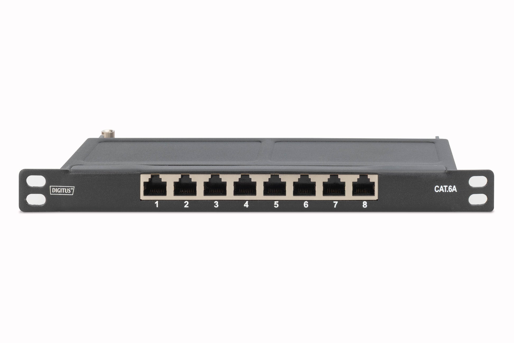 Digitus CAT 6A Slim Patchpanel – 8× RJ‑45, 10GBase‑T, Cat6a, 10", 1U, Schwarz