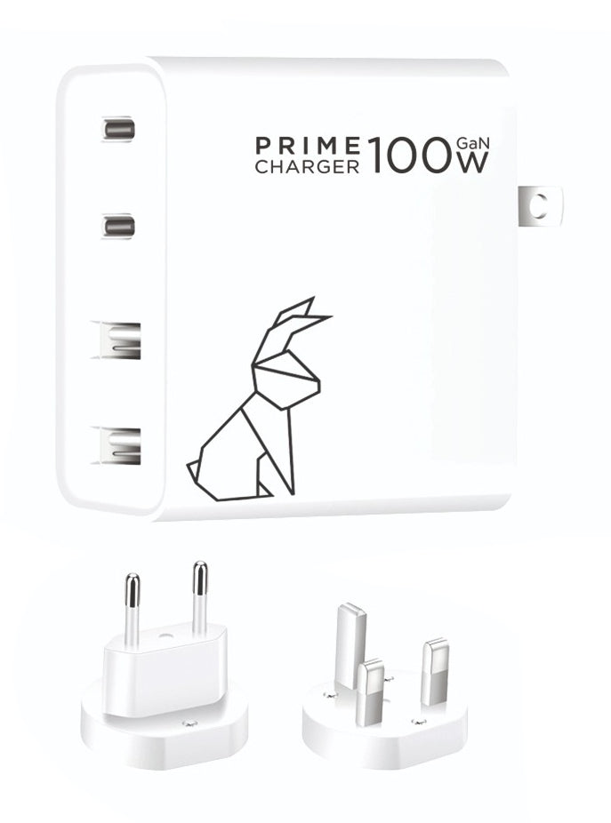Rabbiter POWER100W PRIME USB-Ladegerät 100 W – USB-C×2, USB-A×2, GaN – Weiss