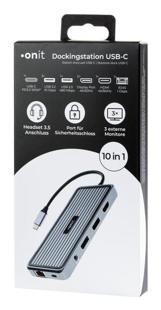 ONIT F01354 Dockingstation – USB-C, 2× DP, 1× HDMI, 4× USB-A, 3,5 mm, 100 W PD, GbE, für Windows/Mac/ChromeOS