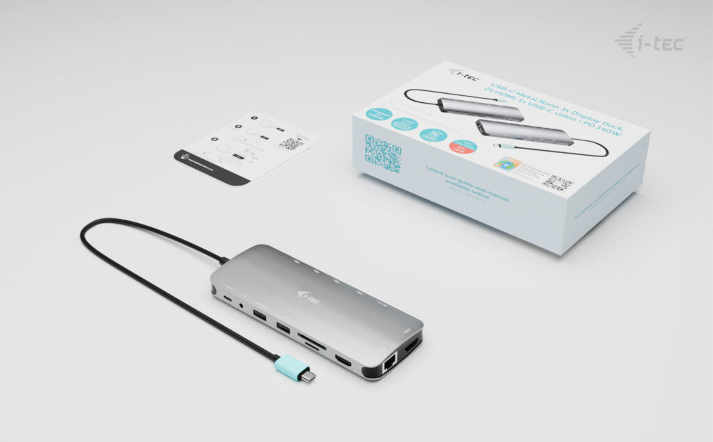 i-tec Metal Nano Dockingstation – USB-C, 2× HDMI, 1× DP, 3× USB-A, 5× USB-C, 140 W PD, GbE, SD/microSD, 3,5 mm