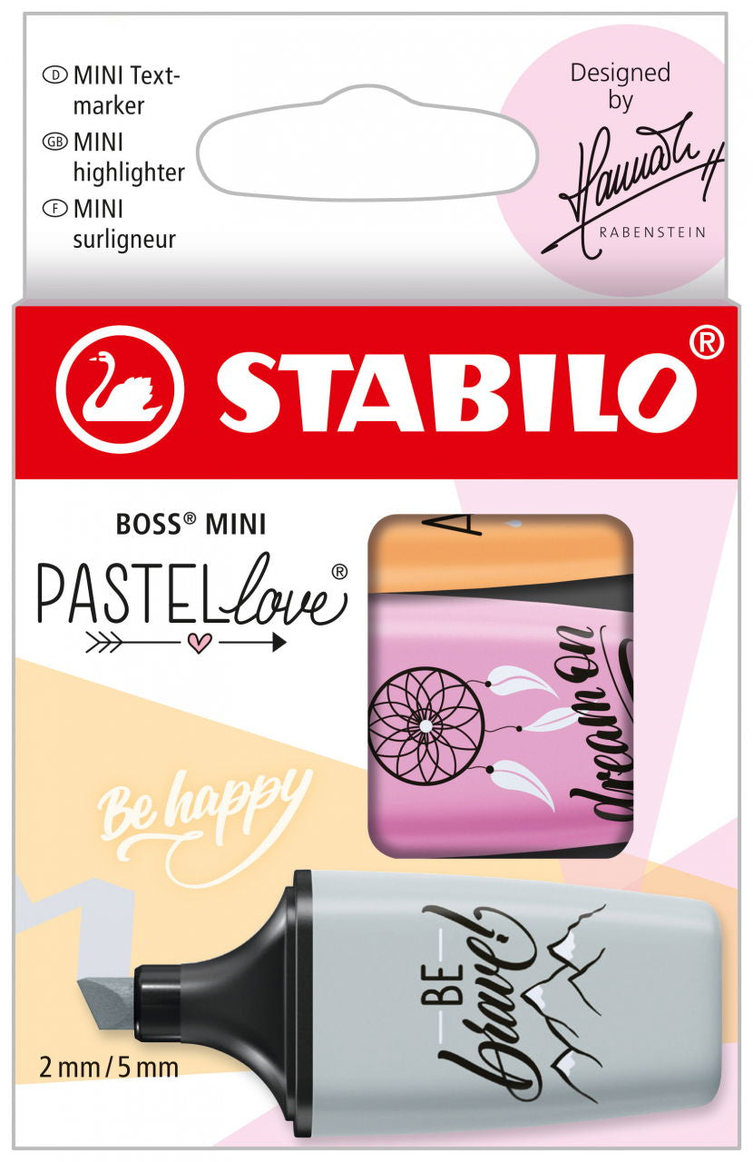 STABILO BOSS Textmarker Mini Set 3 Farben Pastell – Keilspitze, 2–5 mm