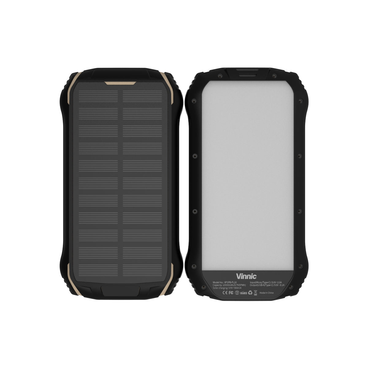 Vinnic Powerbank 10000 mAh, 2× USB-A, 1× USB-C, mit Solarmodul, LED-Campingleuchte, IP65