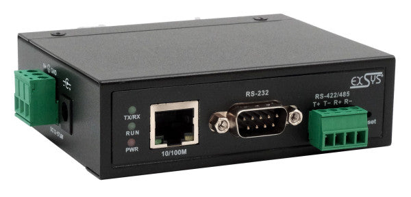 EXSYS EX-61001 RS-232 zu Ethernet Gateway – 1× RS-232/422/485, 10/100/1000 Mbit/s – Metall, DIN-Schiene