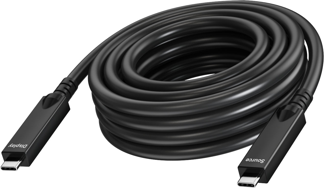 Vision USB-C auf USB-C Kabel – USB 2.0 (480 Mbit/s) – 15 m – DP 2.1 – Aktiv, Kevlar-Mantel – Schwarz