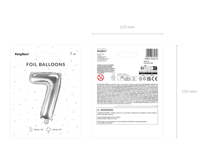 PartyDeco Folienballon Zahl 7 – Silber – 35 cm – Folie – 1 Stk