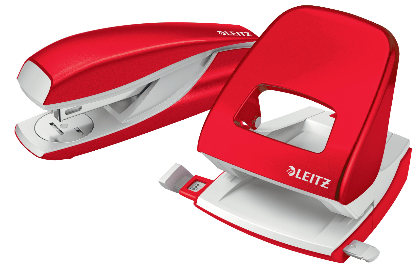 Leitz Bürolocher NeXXt WOW 5008 – 2-Loch, Lochabstand 80 mm, 30 Blatt, bis A4, Ø5,5 mm – Rot/Weiss – Metall