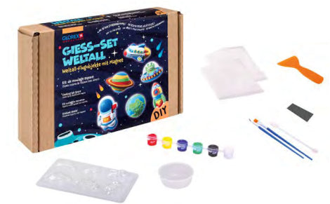 Glorex – Giess-Set Weltall – 6 Motive, 6 Acrylfarben mit Pinsel – lufthärtend – ab 6 Jahren