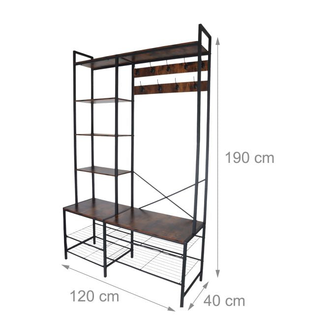 Relaxdays Garderobenständer – Stahl/MDF, Schwarz/Dunkelbraun, 120 × 40 × 190 cm