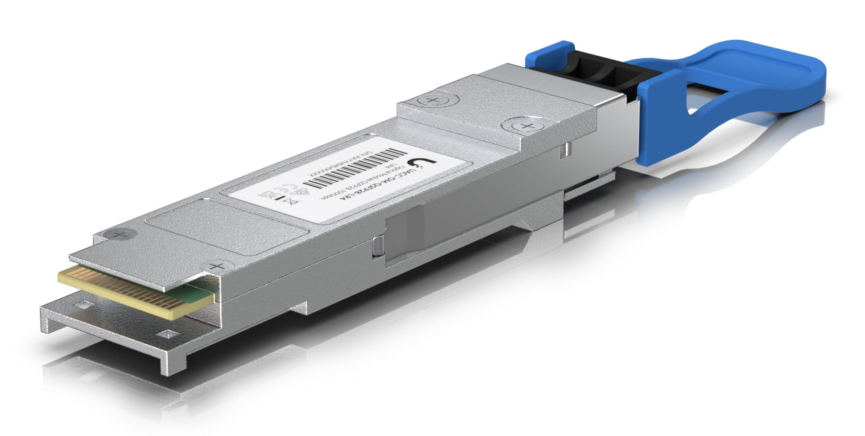 Ubiquiti QSFP28 SFP-Transceiver – 100 Gbit/s, Singlemode, LC (UPC), 10 km, 1270–1309 nm – Blau/Grau