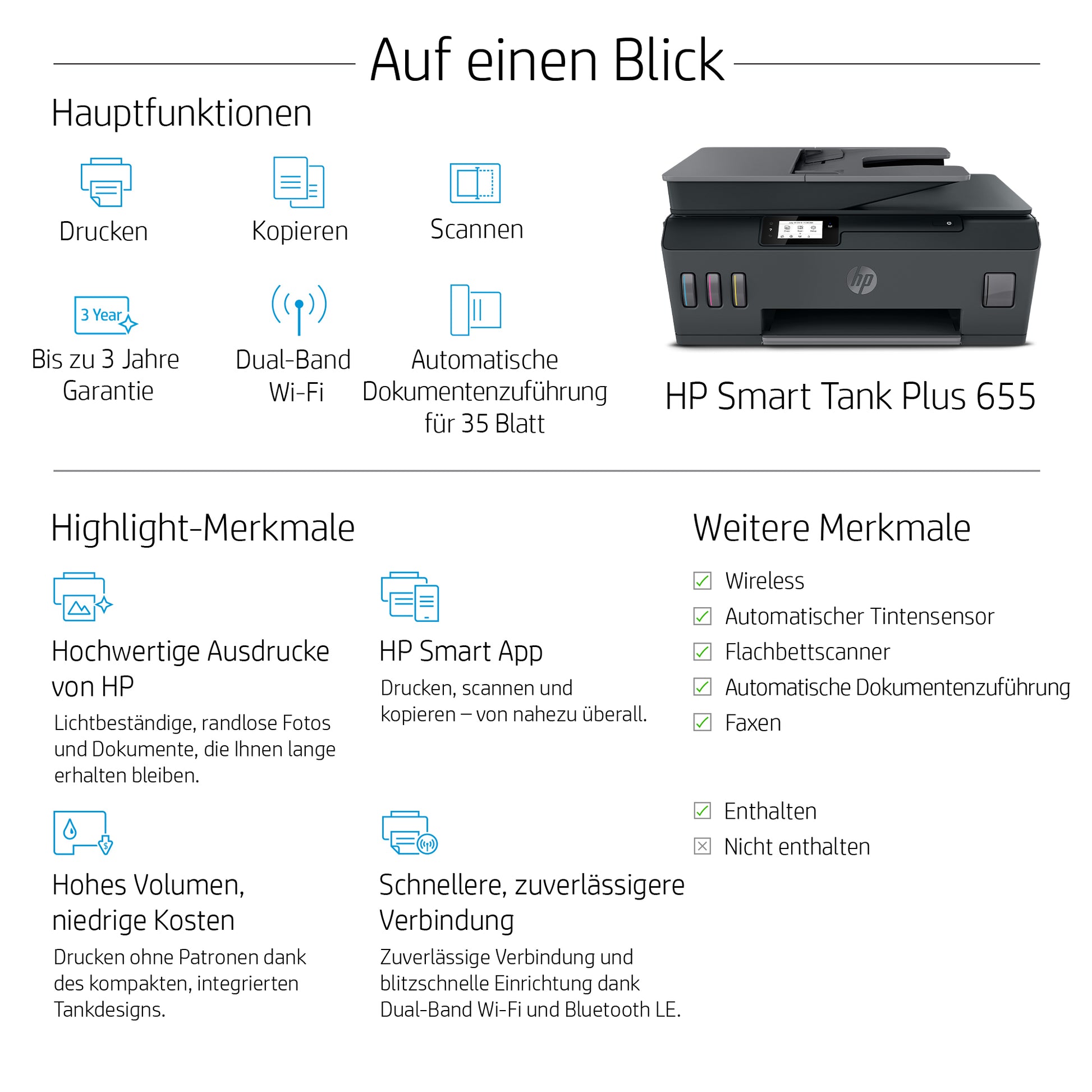 HP Smart Tank Plus 655 – Farbiges Tintenstrahl-MFP A4, 4-in-1 – USB/WLAN – Duplex, ADF – 11 S./Min. S/W, 5 S./Min. Farbe