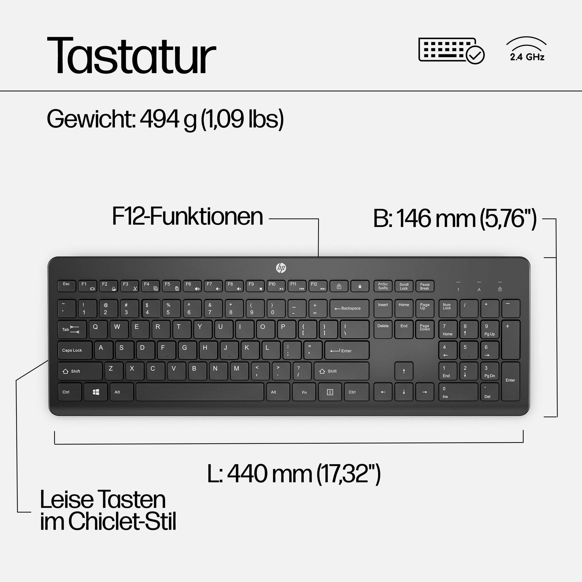 HP Tastatur-Maus-Set – Membran – 2,4 GHz – QWERTY – Schwarz