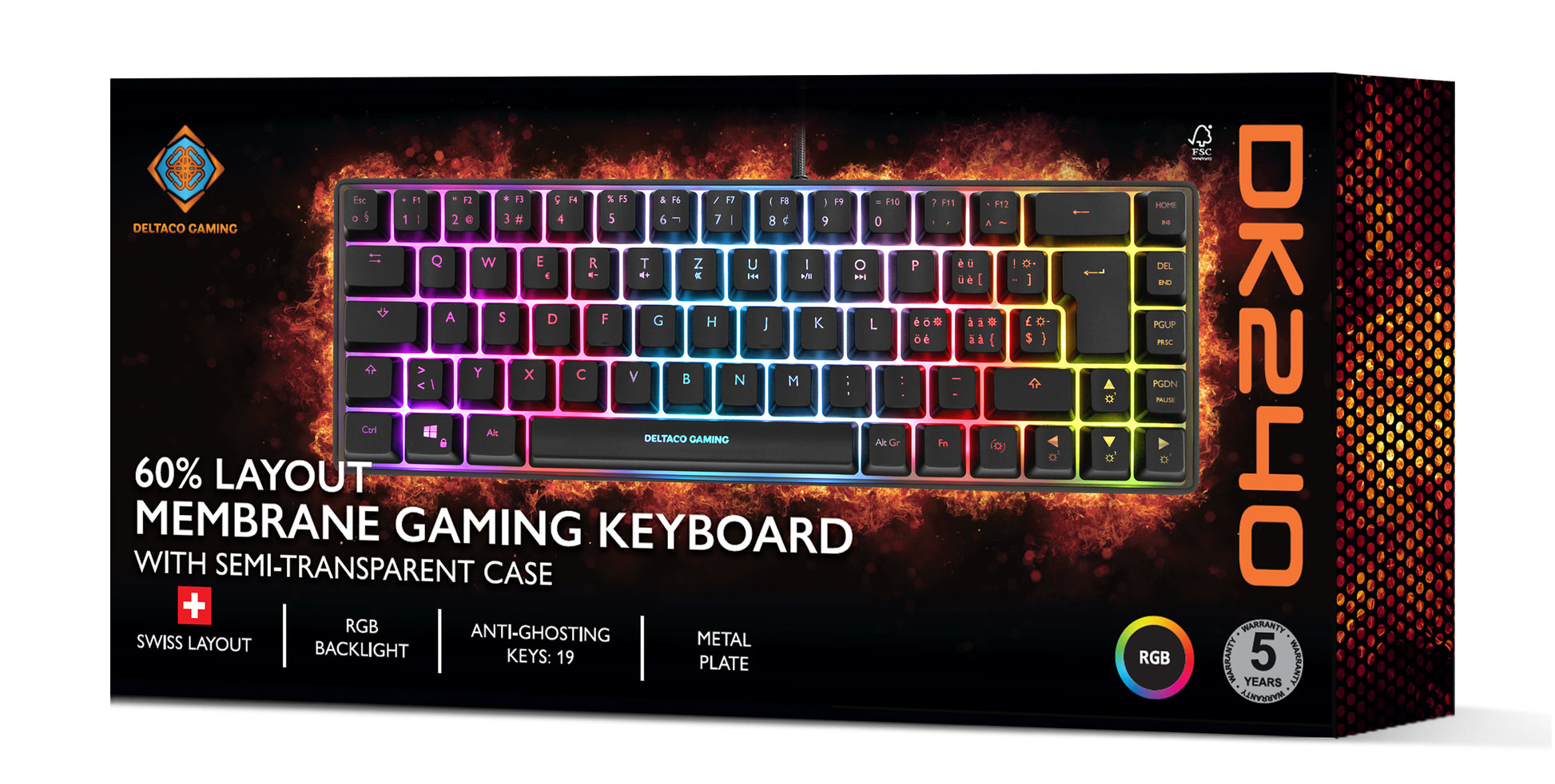 Deltaco Gaming GAM-158-CH – Gaming-Tastatur 60% – Membran, RGB – USB-A kabelgebunden – QWERTZ (CH)