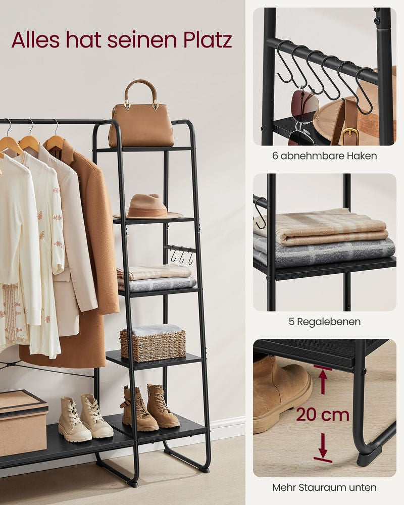 Vasagle Garderobenständer – 6 Haken, Stahl/Spanplatte, Schwarz, 120 × 45 × 160 cm