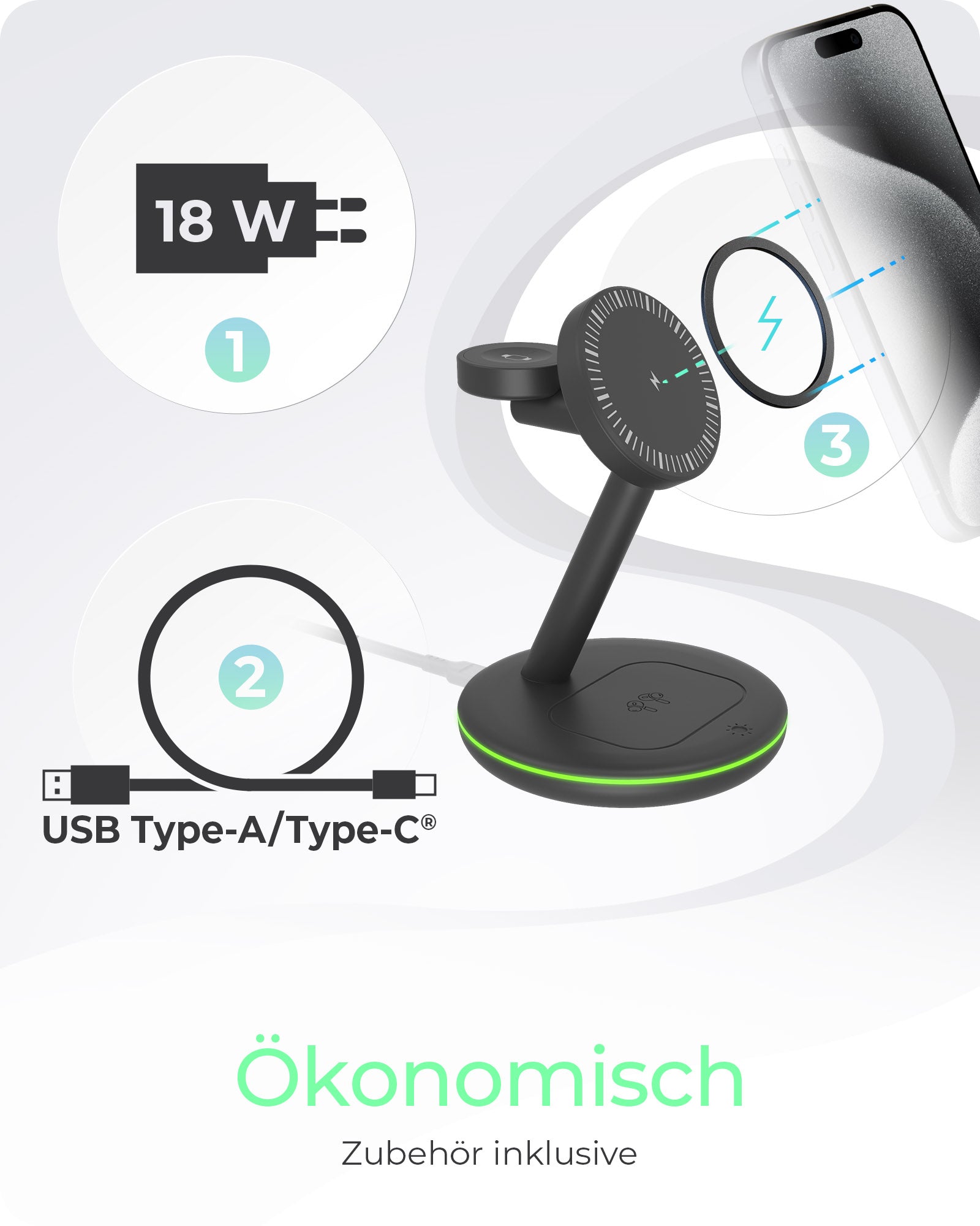 ICY BOX IBSH102CH 3-in-1 Kabelloses Ladegerät 10 W – Qi – für iPhone, Apple Watch, AirPods