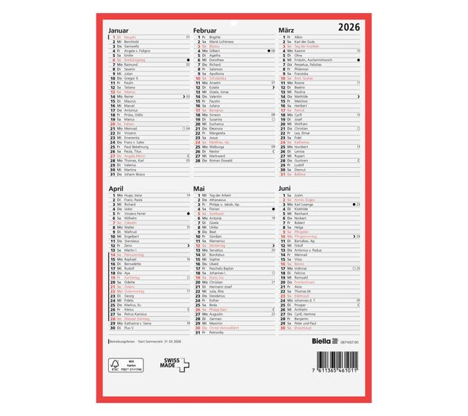 Biella Tafelkalender – 1 Jahr/2 Seiten – Deutsch – 2026 – Notizfeld, Lochung – 21 × 29,7 cm