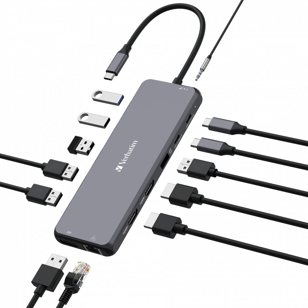 Verbatim CMH-13 Multiport-Adapter – USB-C, 1× DP, 2× HDMI, 6× USB-A, 2× USB-C, 100 W PD, GbE, 3,5 mm Audio
